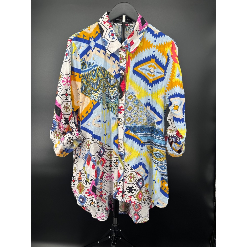Caleasa Womens Mixed Patchwork Tribal Print Button Down Tunic Top Multi Color M
